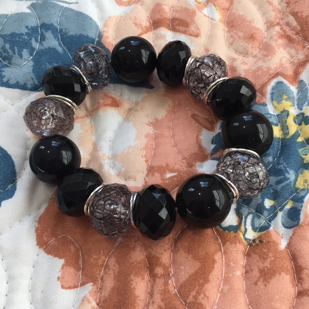 Elastic, black and silver large beaded bracelet